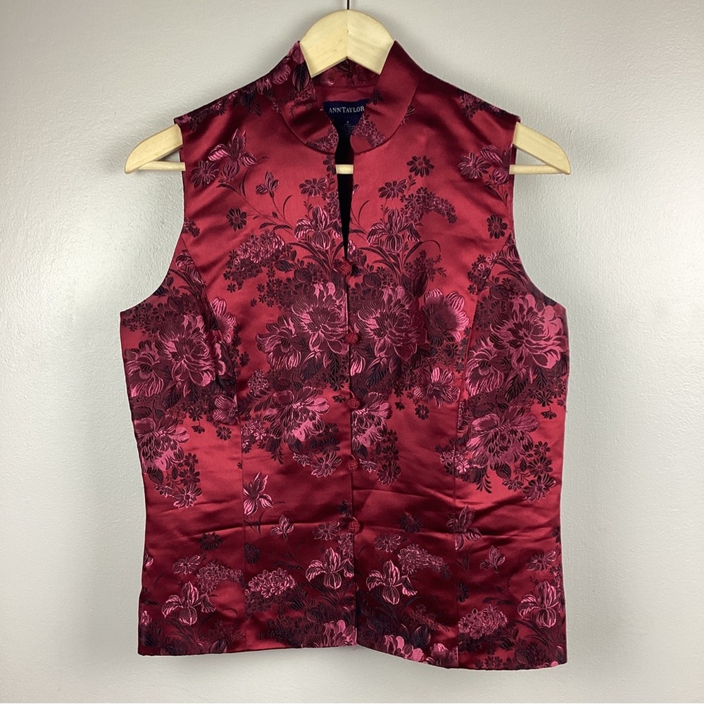 Ann Taylor Y2K Silk BlendMaroon Embroidered FloralAsian Style Sleeveless Vest 8